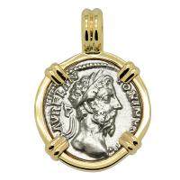 Roman Empire AD 179, Marcus Aurelius and Salus denarius in 14k gold pendant.