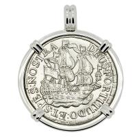 Dutch 6 stuivers ship shilling dated 1736, in 14k white gold pendant.