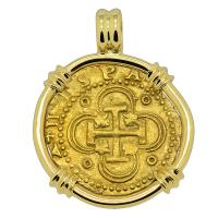 Spanish 2 escudos Doubloon 1566-1590 in 18k gold pendant.