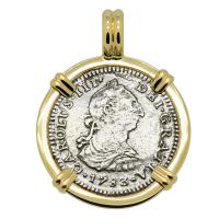 Spanish 1 real dated 1783 in 14k gold pendant, The 1784 Shipwreck that Changed America.