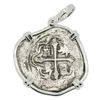 Spanish 4 reales 1621-1641 in 14k white gold pendant, 1641 Shipwreck Silver Shoals Dominican Republic. 