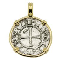 Antioch 1163-1188, Crusader Cross denier in 14k gold pendant.