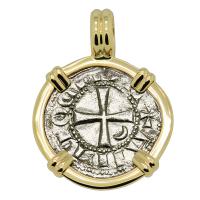 Antioch 1163-1188, Crusader Cross denier in 14k gold pendant.