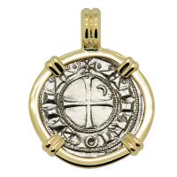 Antioch 1163-1188, Crusader Cross denier in 14k gold pendant.