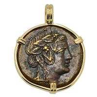 Greek 120-63 BC, God of Wine Dionysus and Cista Mystica bronze coin in 14k gold pendant.