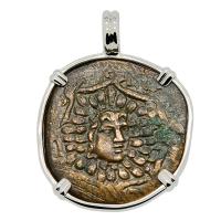 Greek 120-63 BC, Medusa and Nike bronze coin in 14k white gold pendant.