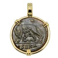 Roman Empire AD 330-336, She-Wolf Suckling Twins nummus in 14k gold pendant. 
