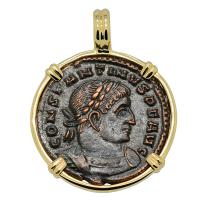 Roman Empire AD 315317, Constantine and Sol follis in 14k gold pendant.