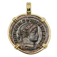 Roman Empire AD 313314, Constantine and Sol follis in 14k gold pendant.