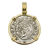 Hungarian dated 1536, Madonna and Child denar coin in 14k gold pendant. 