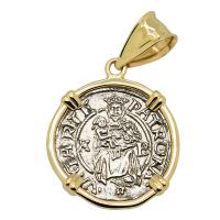 Hungarian dated 1539, Madonna and Child denar coin in 14k gold pendant. 