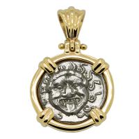 Greek 480-450 BC, Gorgon and anchor drachm in 14k gold pendant.