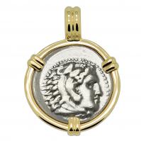 Greek 325-323 BC Lifetime Issue, Alexander the Great drachm in 14k gold pendant.