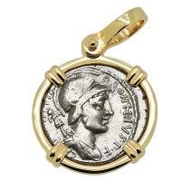 Roman Republic 55 BC, Mars and Horseman Warriors denarius in 14k gold pendant.