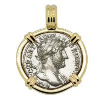 Roman Empire AD 123, Hadrian and Roma denarius in 14k gold pendant.