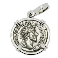 Roman Empire AD 161, Marcus Aurelius and Concordia denarius in 14k white gold pendant.