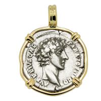 Roman Empire AD 140-144, Marcus Aurelius as Caesar denarius in 14k gold pendant.