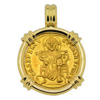 Byzantine 871-886, Jesus Christ with Basil I and Constantine solidus in 18k gold pendant.