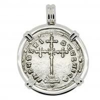 Byzantine 945-959, Constantine VII Cross Miliaresion in 14k white gold pendant.