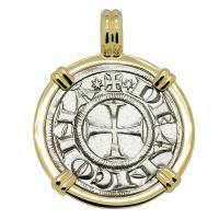 Ancona 1280-1320, Cross Pattee and Saint Judas Cyriacus grosso agontano in 14k gold pendant.