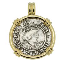 English King Henry VIII, 1514-1526 groat in 14k gold pendant.