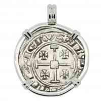 Cyprus 1324-1359, gros grand Crusader coin in 14k white gold pendant.