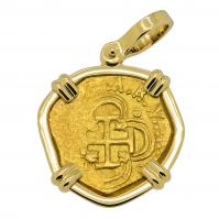 Spanish 2 escudos Doubloon 1598-1613 in 18k gold pendant.