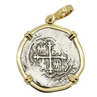 Colonial Spanish Mexico 1 real 1571-1589 in 14k gold pendant.