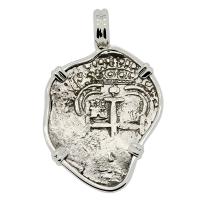 Colonial Spanish Peru, King Philip IV one real 1652-1665 in 14k white gold pendant.