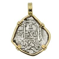 Colonial Spanish Peru, King Charles II one real dated 1693 in 14k gold pendant.