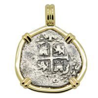 Colonial Spanish Peru, King Charles II one real dated 1693 in 14k gold pendant.