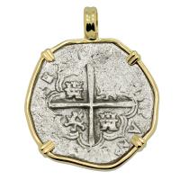 Spanish King Philip II two reales 1591-1598 in 14k gold pendant.