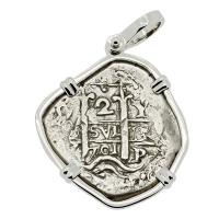 Colonial Spanish Peru, King Philip V two reales dated 1701 in 14k white gold pendant.