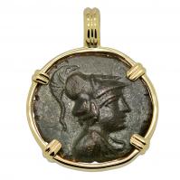 Greek 280-200 BC, Athena and Kybele bronze coin in 14k gold pendant.