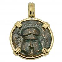 Greek 400-350 BC, Corinthian Helmet bronze coin in 14k gold pendant.