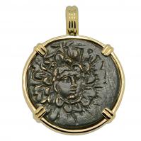 Greek 120-63 BC, Medusa and Nike bronze coin in 14k gold pendant.