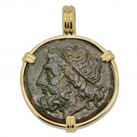 Greek 261-240 BC, Poseidon and Trident tetras in 14k gold pendant.