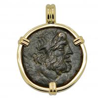 Greek Byzantion 240-220 BC, Poseidon and Trident bronze coin in 14k gold pendant.