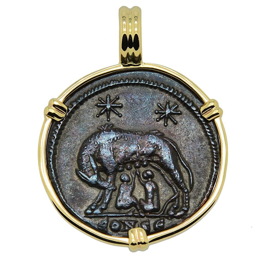 AD 330 Roman She Wolf Coin in Gold Jewelry