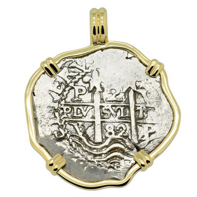 1682 Spanish 2 reales coin in gold pendant