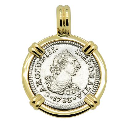 1783 El Cazador Shipwreck coin in gold pendant