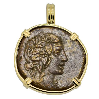 120-63 BC Dionysus bronze coin in gold pendant