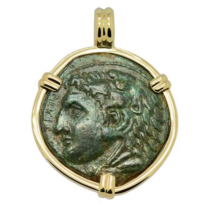 278-276 BC Hercules bronze coin in gold pendant