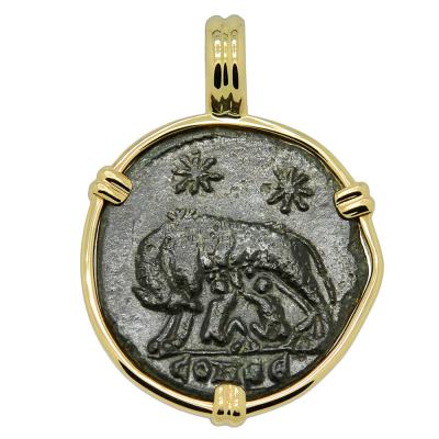 AD 330-336 Roman She-Wolf coin in gold pendant