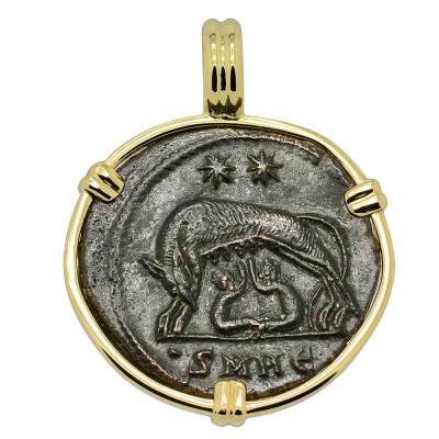 AD 330-336 Roman She-Wolf coin in gold pendant