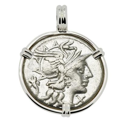 147 BC Roma denarius coin in white gold pendant