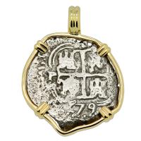 Colonial Spanish Peru, King Charles II one real dated 1679, in 14k gold pendant.