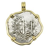 Colonial Spanish Peru, King Charles II two reales dated 1682, in 14k gold pendant.