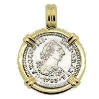 Spanish 1/2 real dated 1783 in 14k gold pendant, The 1784 Shipwreck that Changed America.