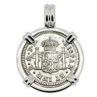 Spanish 1/2 real dated 1783 in 14k white gold pendant, The 1784 Shipwreck that Changed America.